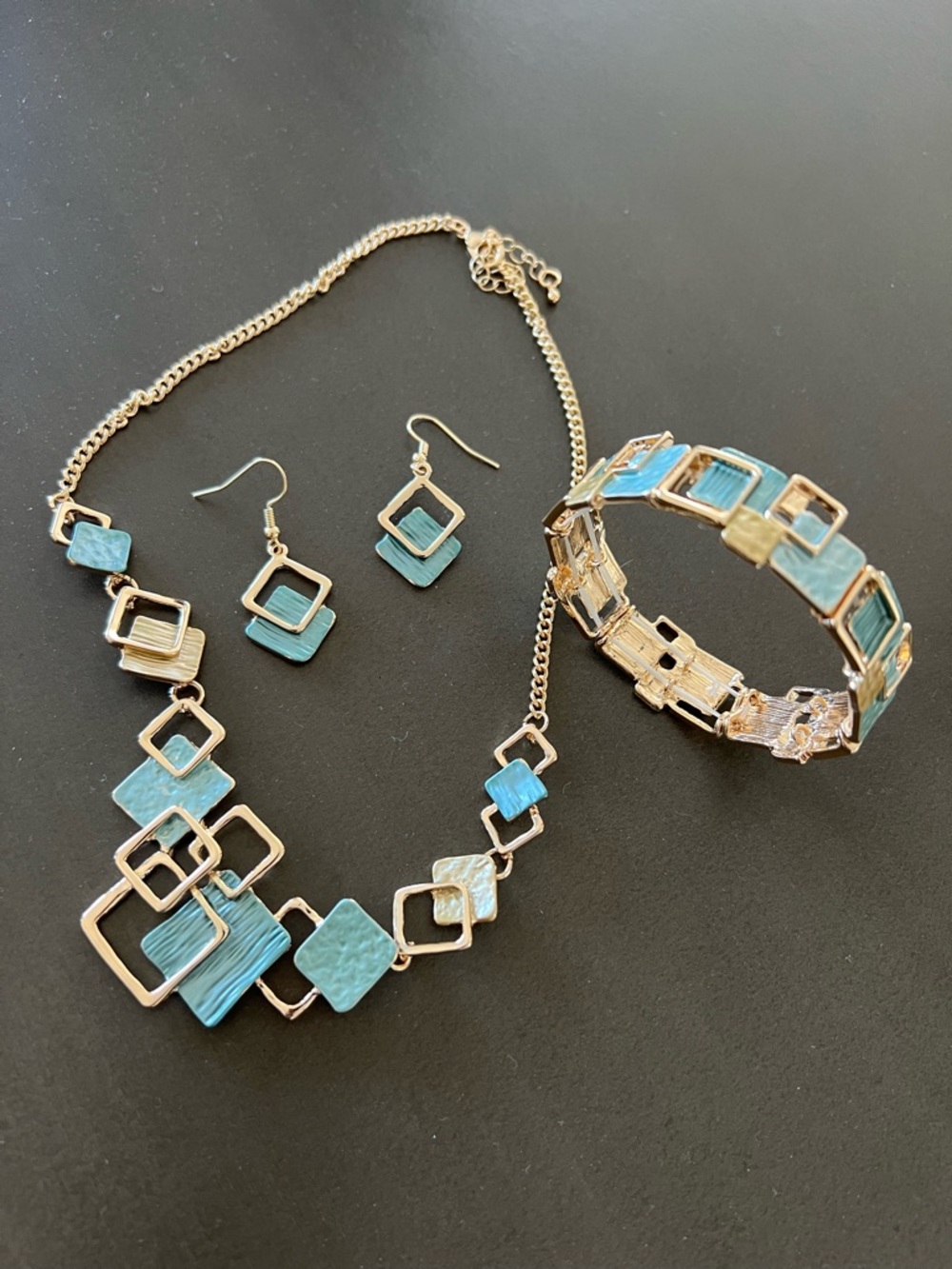 SOLD Gold & Teal Geometric Necklace, Bracelet & Earring Set - Women Jewelry